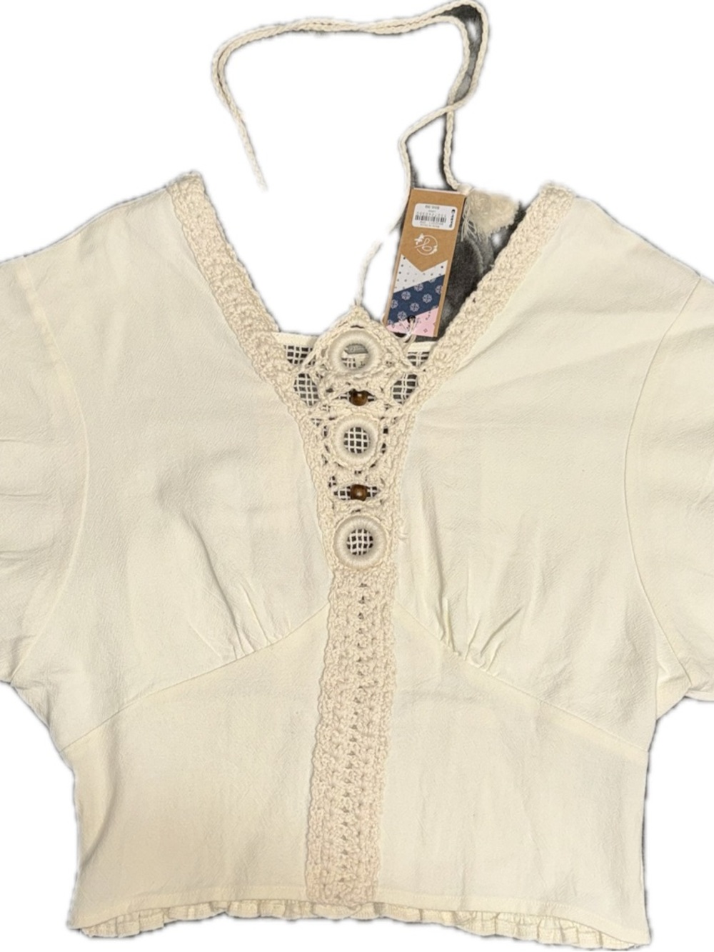 Buckle Cream Crochet-Trim V-Neck Women's Top